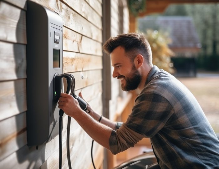 Ein Elektriker prüft eine Wallbox an einer Wand